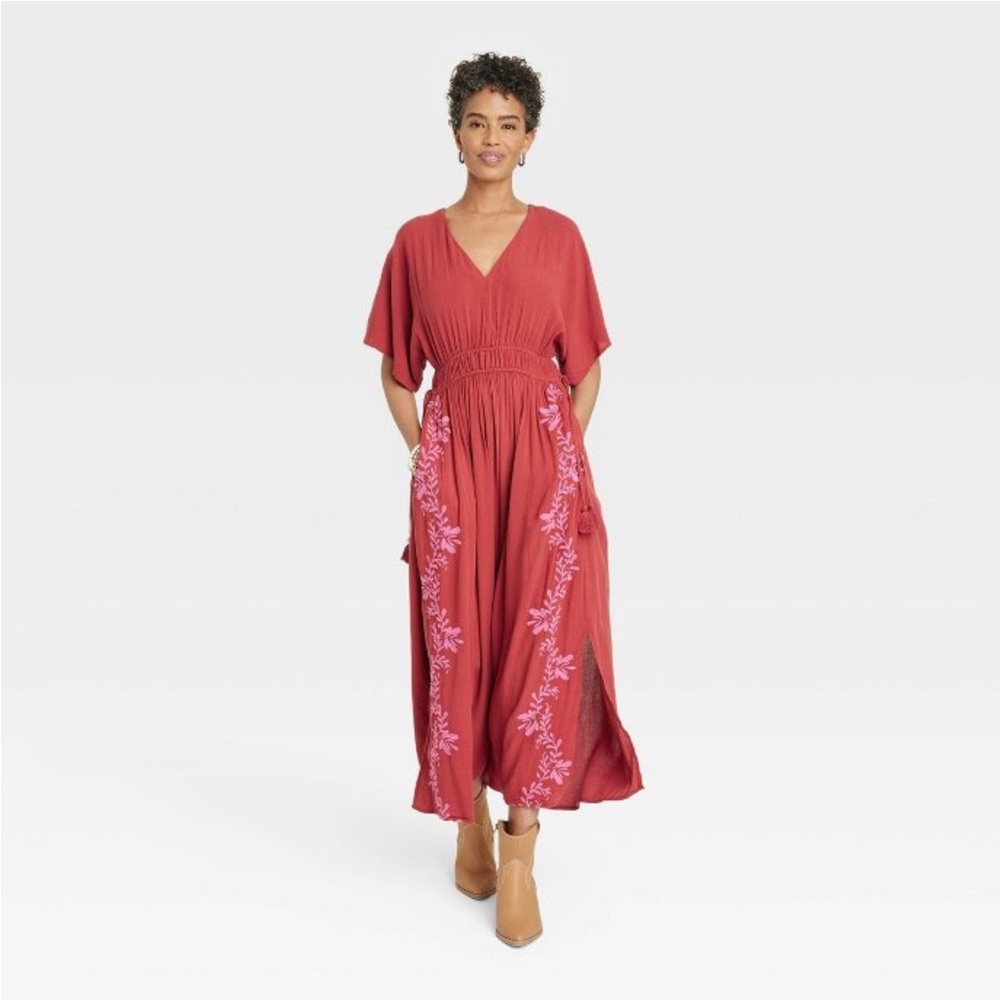 Flutter Short Sleeve Embroidered Kaftan A-line Dress